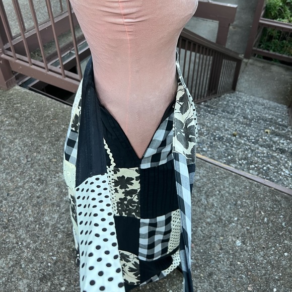 Skirt-Maxi, long Vintage, Patchwork Quilt, tie waist, step in, black & cream,MED - Picture 11 of 16